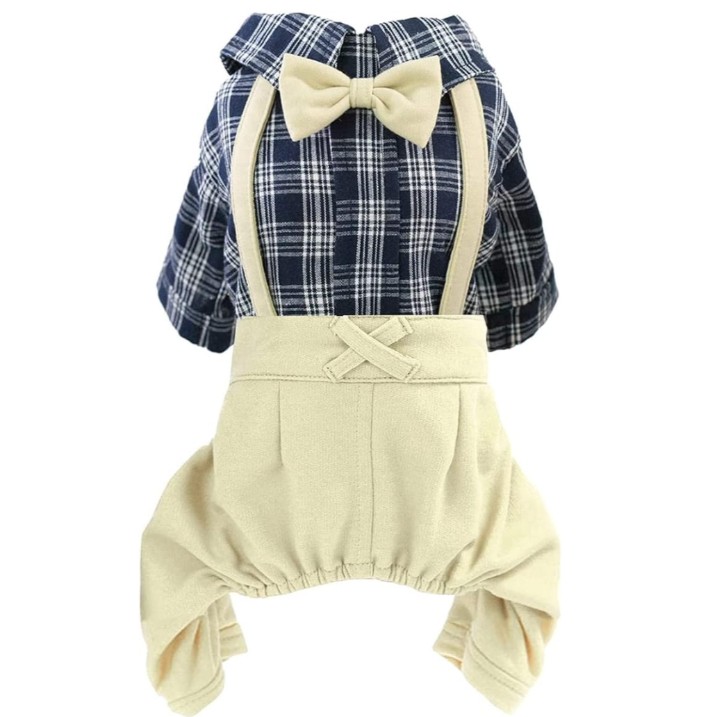 Plaid Shirt & Plain Pant Jumpsuit – Preppy & Stylish Pet Outfit