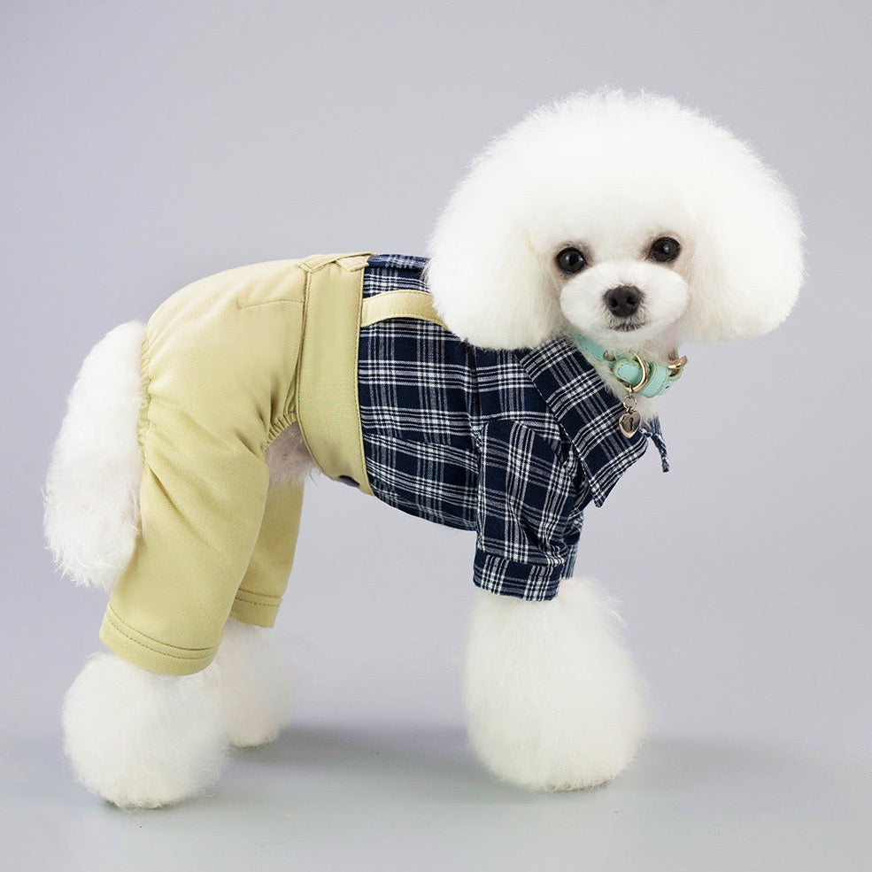 Plaid Shirt & Plain Pant Jumpsuit – Preppy & Stylish Pet Outfit