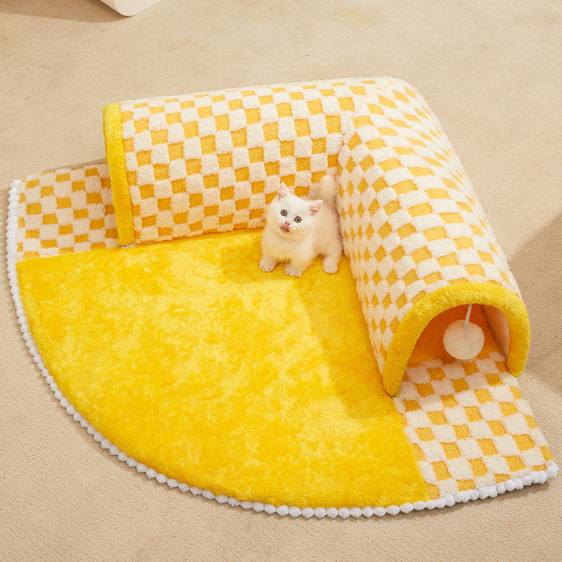 Versatile Pet Bed with Plush Plaid Tunnel